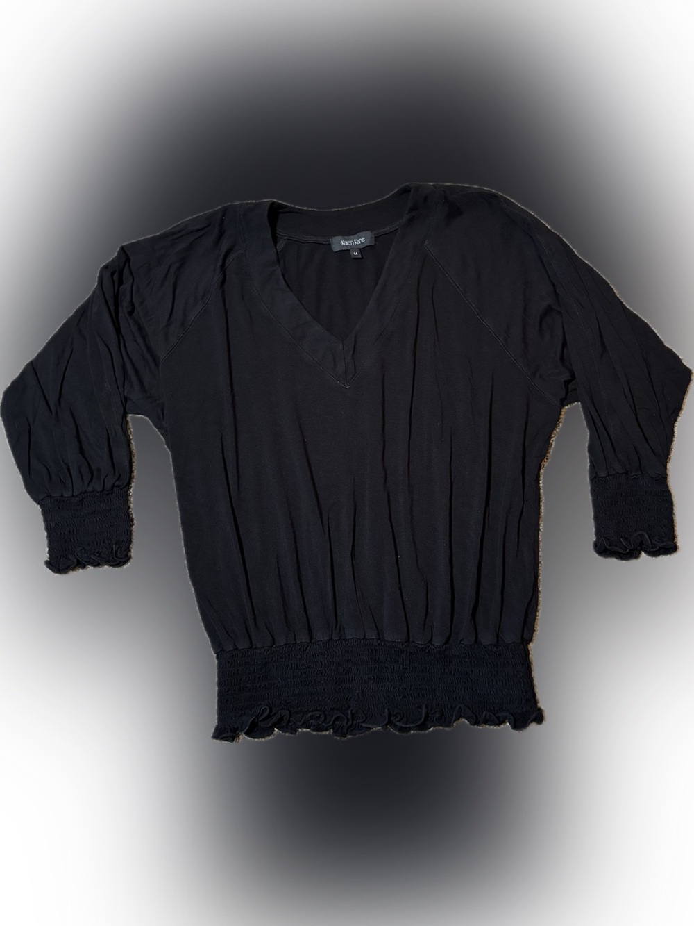E161 Karen Kane Black 3/4 Sleeve V-Neck Top, Size M